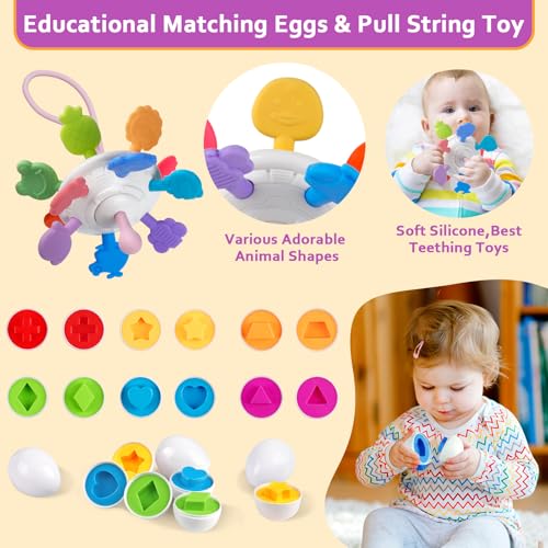 Plunack 6 in 1 Montessori Baby Toys for 6-12 Months — Stacking Blocks & Rings, Pull String, Suction Cup Spinner, Matching Eggs Shape Sorter & Sensory Bin, Infant Developmental Gift Set - Image 5