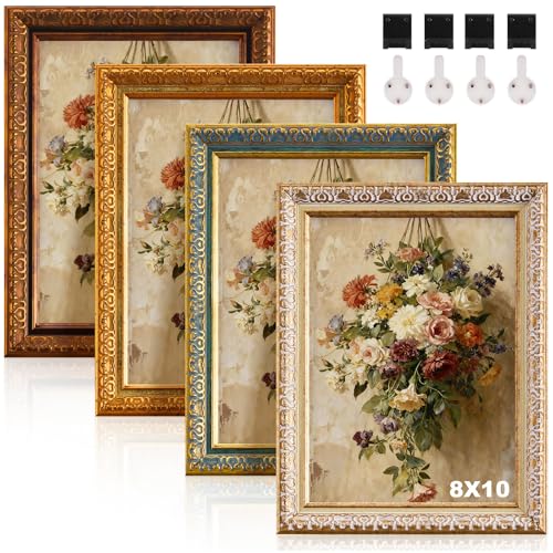 Fiwochic 4 Pack Ornate Gold Vintage Picture Frame Sets 8 x 10 Inch Ornate Vintage Photo Frame with Hd Cover for Wall or Tabletop Multicolour(Mixed Color)