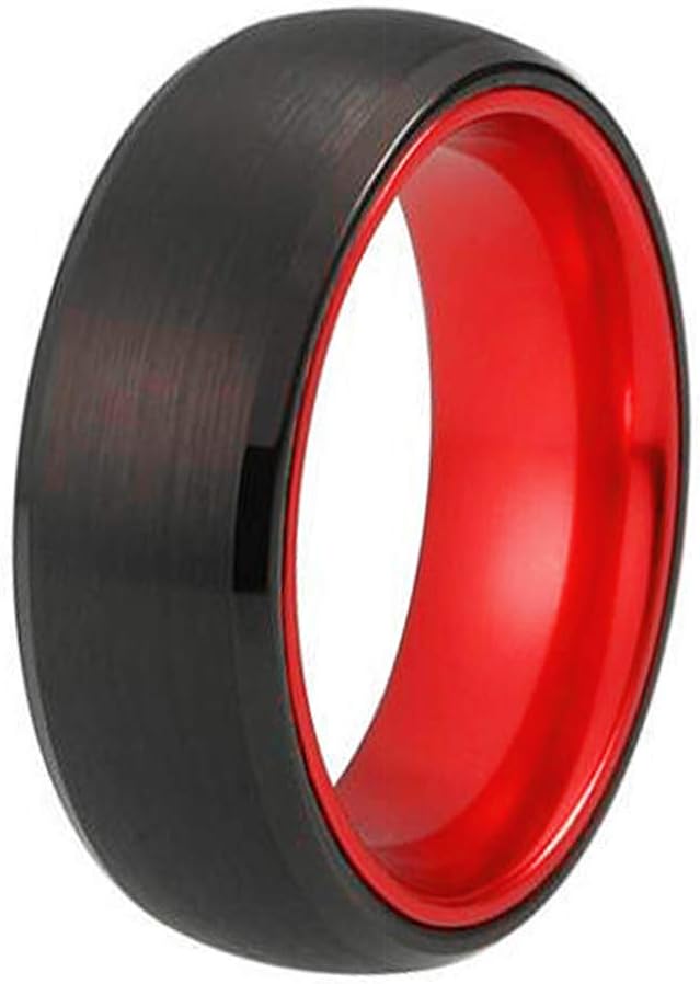 8mm Red Black Tungsten Ring Matte Finish Beveled Edges Wedding Band Ring-Free Engraving Outside and Inside