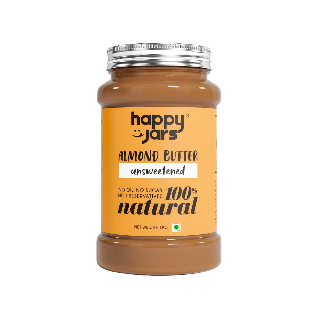 Happy Jars 1kg Unsweetened Almond Butter, 5g Protein/serving, 100 Pure