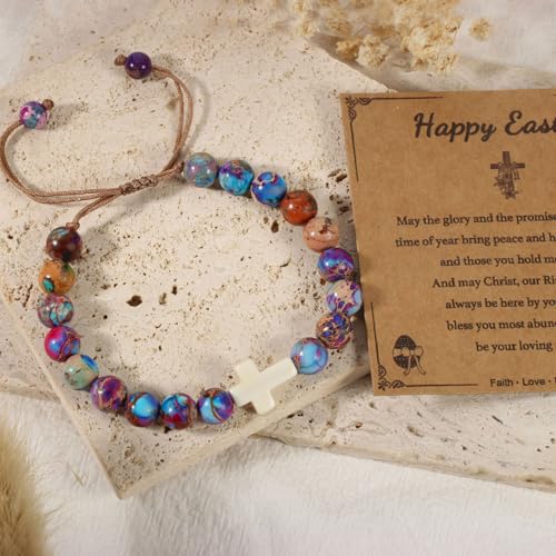 Image of enasal Easter Basket Stuffers for Teens Girls, Nature Stone Easter Gifts Cross Bracelet, Christian Gifts Inspirational Jewelry