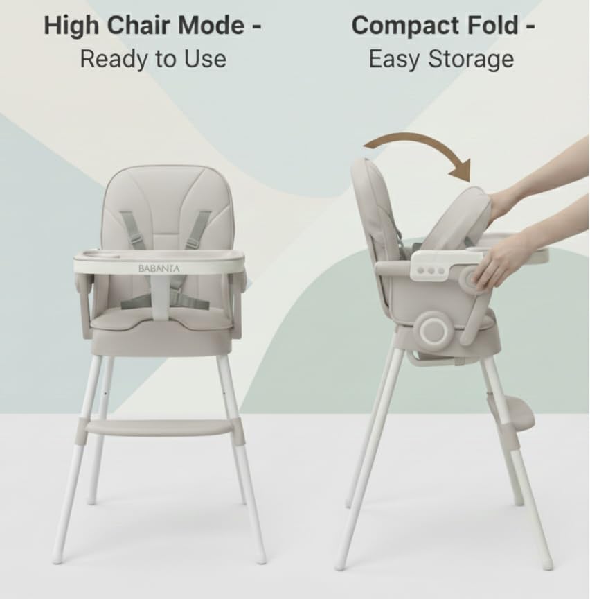 Image of 2 in 1 Convertible Baby Feeding High Chair For Dining | 5 Point Safety Harness | Double Removable Tray | Wide Footrest, Soft Cushion, Compact, Travel Friendly, Lightweight & Sturdy (Dove Grey)