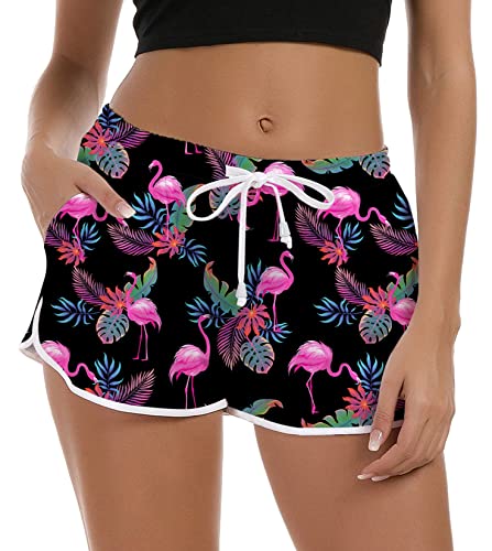 Rave on Friday Pantaloncini da Bagno da Donna Lady Swim Short Pantaloncini da Spiaggia Stampati con Fenicottero Rosa Pantaloncini da Spiaggia con Coulisse Regolabile e Tasche M