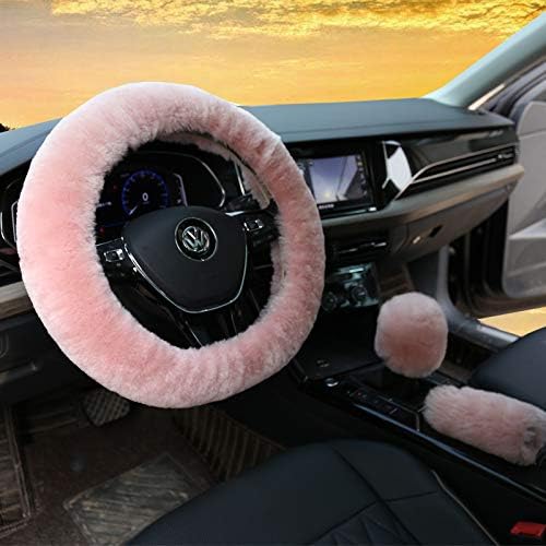 3Pcs Set Womens Winter Fashion Wool Fur Soft Furry Steering Wheel Covers Rose Pink Fluffy Handbrake Cover Gear Shift Cover Fuzz Warm Non-Slip Car Decoration Short Hair