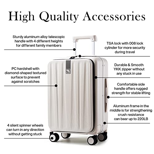 Hanke Luggage Hardside Suitcase With Wheels & Front Opening, 24In Large Checked In Luggage Aluminum Frame Pc Rolling Suitcases Travel Bag Tsa Lock - Ivory White #TOP5