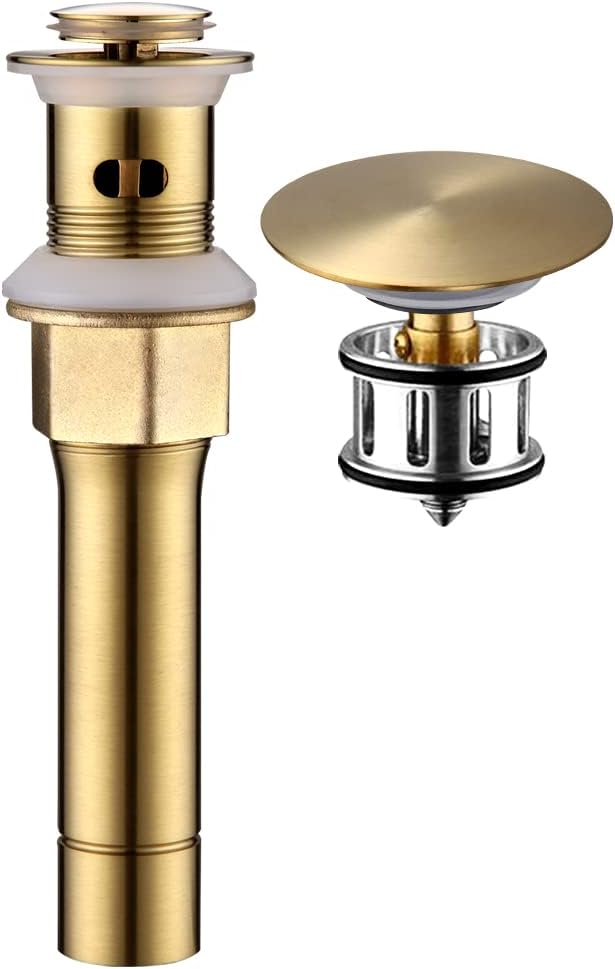 Pop Up Drain Stopper with Overflow for Bathroom Sink, Brushed Gold Drain Strainer for Vessel Vanity Sink, Universal Stainless Steel Sink Stopper, Lavatory Sink Drain with Detachable Basket Stopper