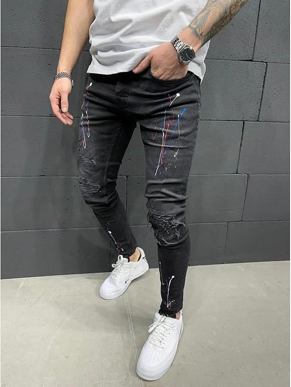 Stretch Skinny Ripped Jeans for Men Slim Fit Straight Leg Denim Pants Fashion Vintage Distressed Biker Jeans2