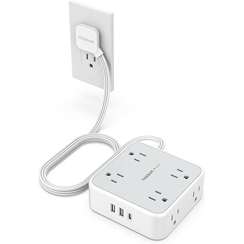 TESSAN Surge Protector Power Strip, 5 Ft Flat Plug Extension Cord with 3 USB (1 USB C) 8 Outlets, 1250W, 900J Protection, 3 Sided Outlet Extender with Power Switch for Office, Dorm Room Essentials