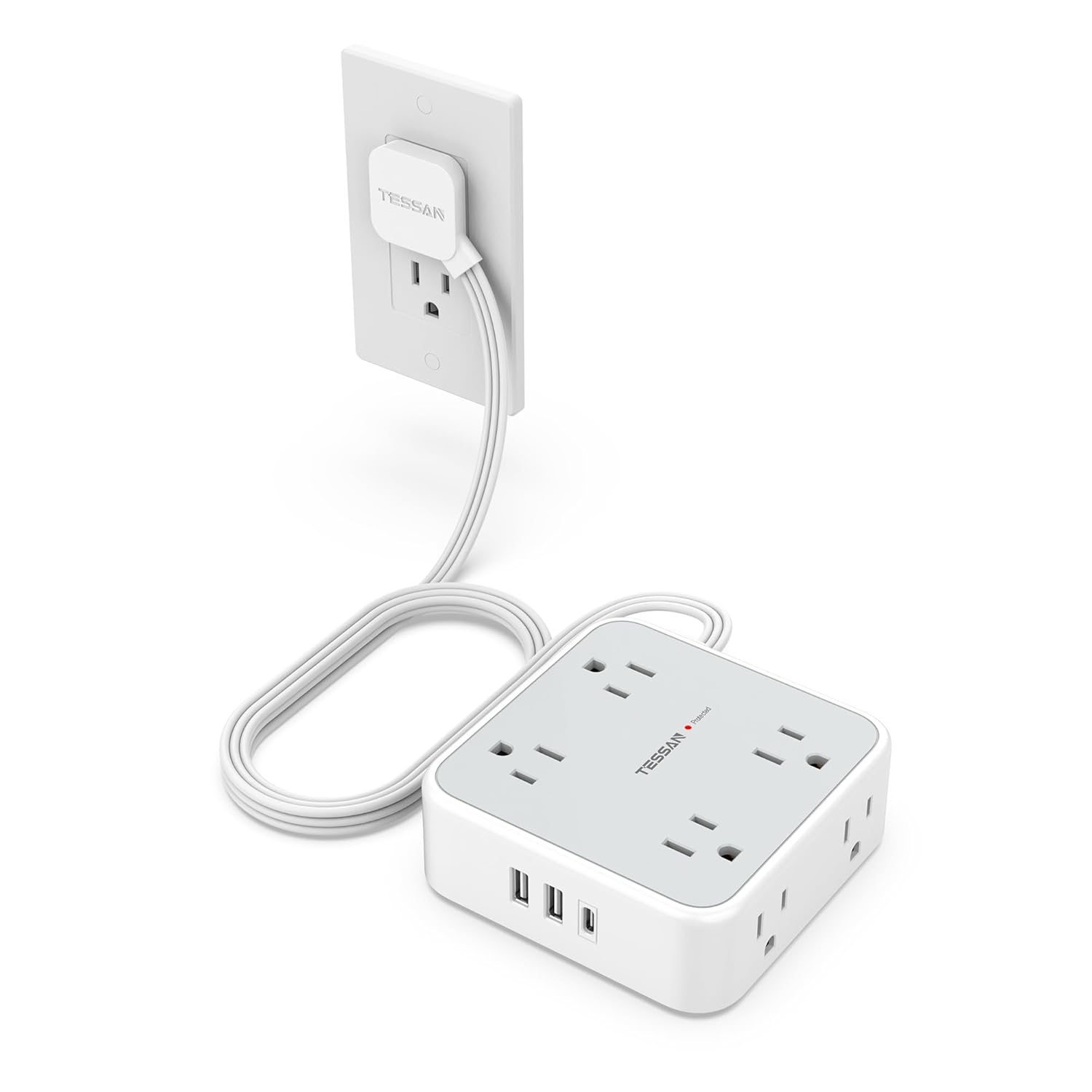 TESSAN Surge Protector Power Strip 5 Ft Flat Plug Extension Cord with 3 USB 1 USB C 8