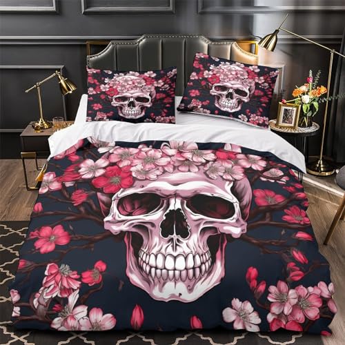 Housse de couette Crâne de Sakura King | Parure de lit gothique chic 3 pièces en microfibre douce - 4