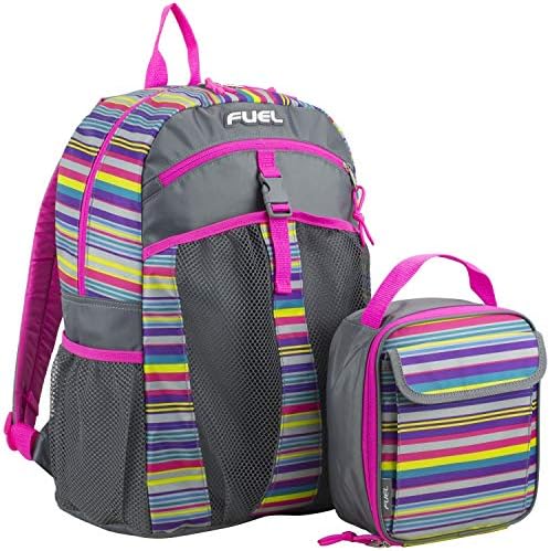 FUEL Backpack & Lunch Bag Bundle, Hot Pink/Ash Gray/Multi Color Stripes Print
