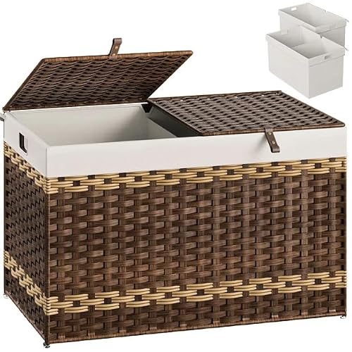 HOOBRO Storage Basket with Lid, 42.3 Gallon (160L) Wicker Storage Basket with 2 Separate Lid, Blanket Storage Bin with 2 Removable Liner Bags, for Bedroom, Laundry, Brown and Natural BR276CW01