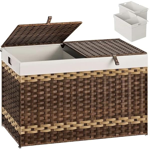 HOOBRO Storage Basket with Lid, 42.3 Gallon (160L) Wicker Storage Basket with 2 Separate Lid, Blanket Storage Bin with 2 Removable Liner Bags, for Bedroom, Laundry, Brown and Natural BR276CW01 by HOOBRO - Used condition - US$56.99