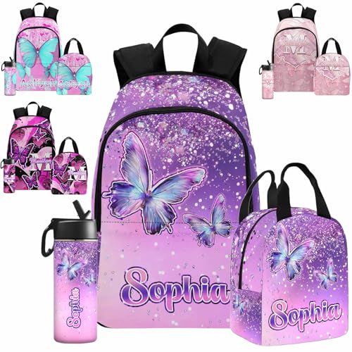 InterestPrint Customized Name Backpack School Bags from Dad, Custom Butterfly Backpack for Kids Personalized Backpacks for Girls,Lunch Bag Set