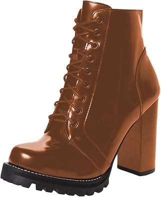 FOWT Women Lace Up High Chunky Heel Ankle Boots Round Toe Platform Short Booties Lightweight Cowboy Short Boots Casual Fall Comfort Soft Walking Shoes Size 4-16 US