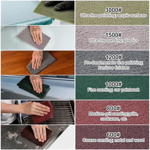 Nadisean 12er Schleifvlies Pads 150x230mm, Schleifvliesmatte 6 Körnung 600/800/1000/1200/1500/3000 mit Schere Handschuhe, Zuschneidbar Schleifvlies-Pads für Metall Holz Edelstahl SchleifenPolieren