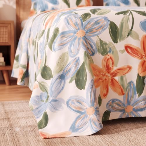 Image of BSB HOME 240 TC Cotton Double Bedsheet with 2 Pillow Covers,Soft & Breathable Floral Print Bed Sheet,Fade Resistant,Easy Care Bedding Set,90 x 100 Inches(228 x 254 cm)-Terracotta & Periwinkle Floral