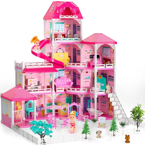 Doloowee Doll House, Girls Dream Toys House Furniture Pink Girl Toys, 4 Stories 10 Rooms Dollhouse with 2 Princesses Slide Accessories, Toddler Playhouse Gift for for 4 5 6 7 8+ Year Old Girls Toys