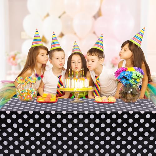 Image of Kesfey 3 Packs Black Polka Dot Plastic Table Cloth 54x108 Inch Black and White Dots Mini Mouse Tablecloths Disposable Black Waterproof Picnic Table Covers for Rectangle Tables Birthday Party Supplies