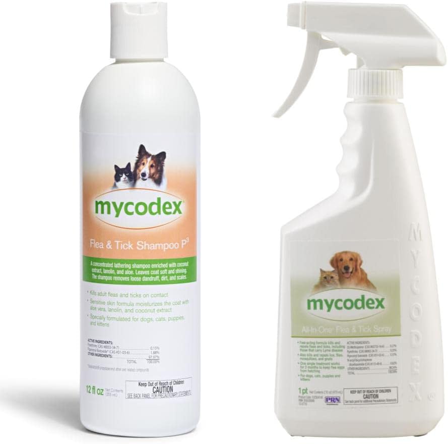 PRN Pharmacal Mycodex Flea and Tick Shampoo P3 12 Fl Oz and Mycodex All-in-One Flea and Tick Spray 16 Oz - Bundle