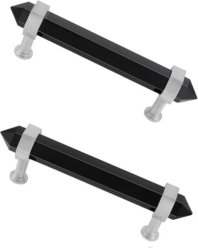 Rockcloud Paquete de 2 tiradores de piedra de cristal de obsidiana negra con tornillos, pomos de gabinete en tono plateado, tiradores de puerta para
