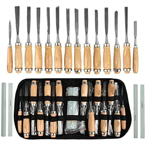FOCCTS 18Pcs Wood Carving Set, 14pcs Wood Carving Tools Manganese Steel + 4pcs Whetstone for Beginners DIY Woodworking Sculpting Whittling with Safety Cap Cover