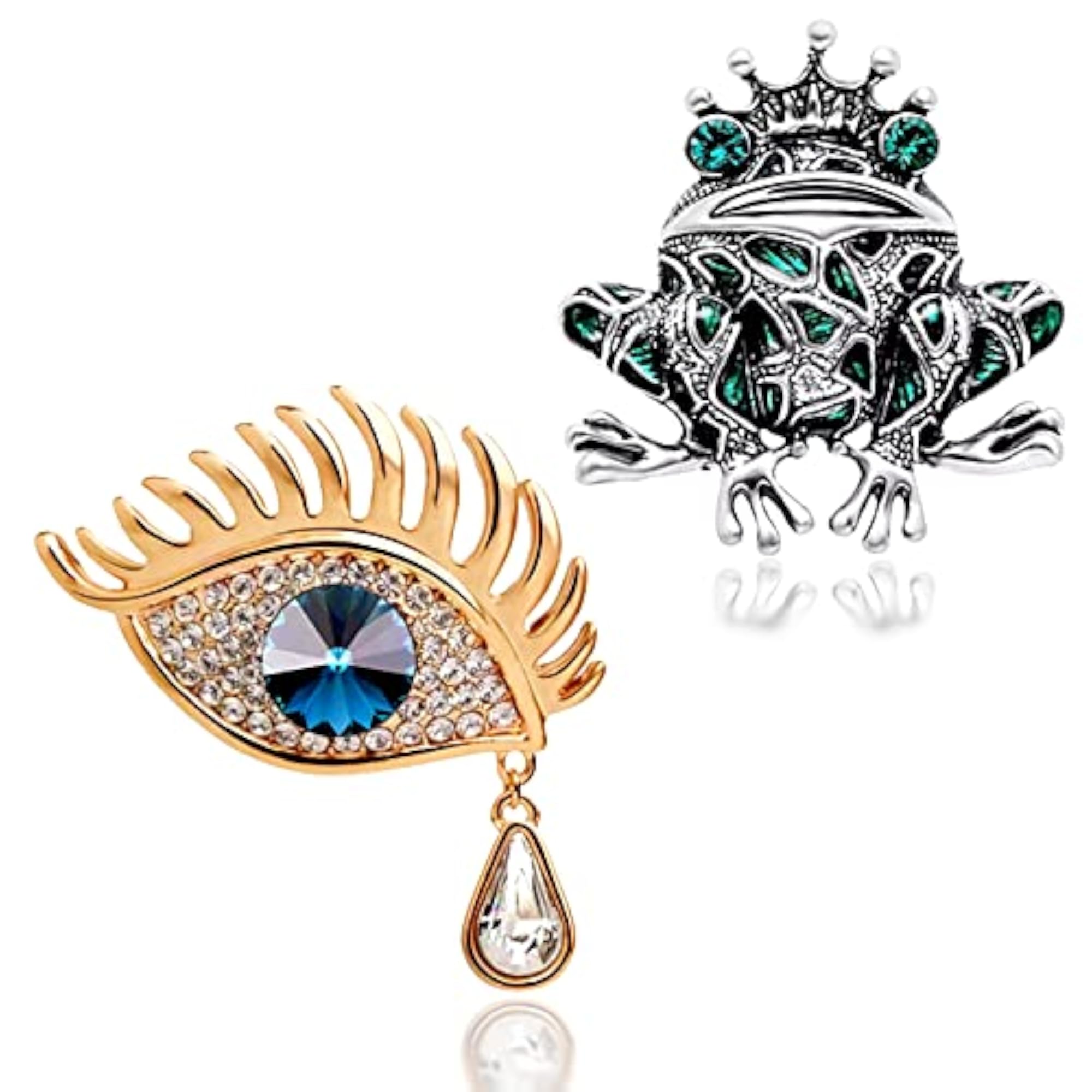 Rhinestone Crystal Studded Frog & Eye Design Brooch Pin Combo
