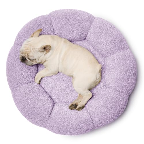 lesure calming medium dog bed - flower donut round fluffy puppy bed in plush teddy sherpa non-slip cute flower cat beds for indoor cats medium pet bed fits up to 45 lbs machine washable purple 3034