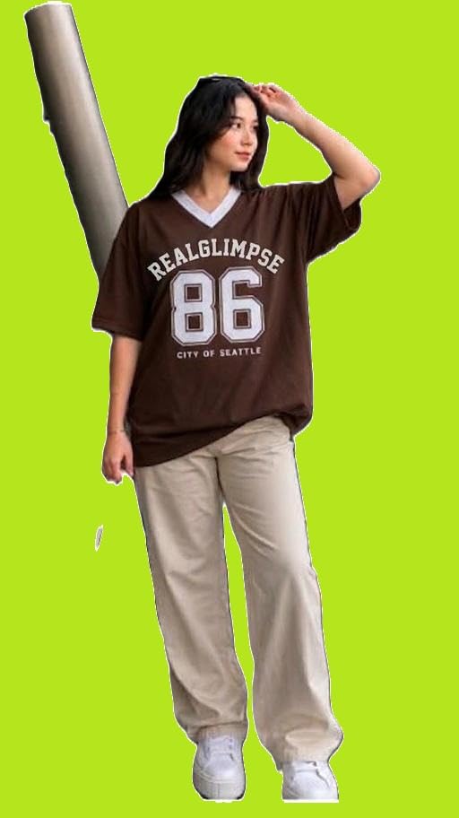 Image of Women Oversized V Neck T-Shirt | Number Graphic Printed Casual Tee | Cotton Blend Y2K Street Fashion Top