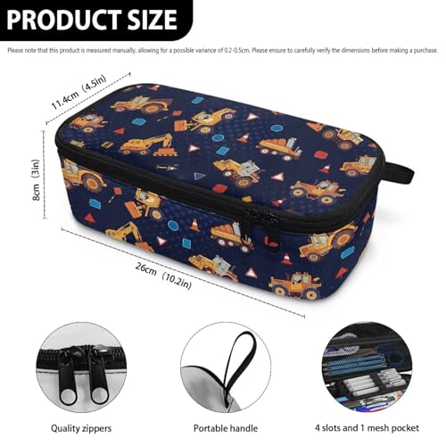 Image of Boys Pencil Pouch Construction Vehicle Print Pencil Case for Kids 6-8 Years Portable Pen Bag with Smooth Zipper for Elementary Students