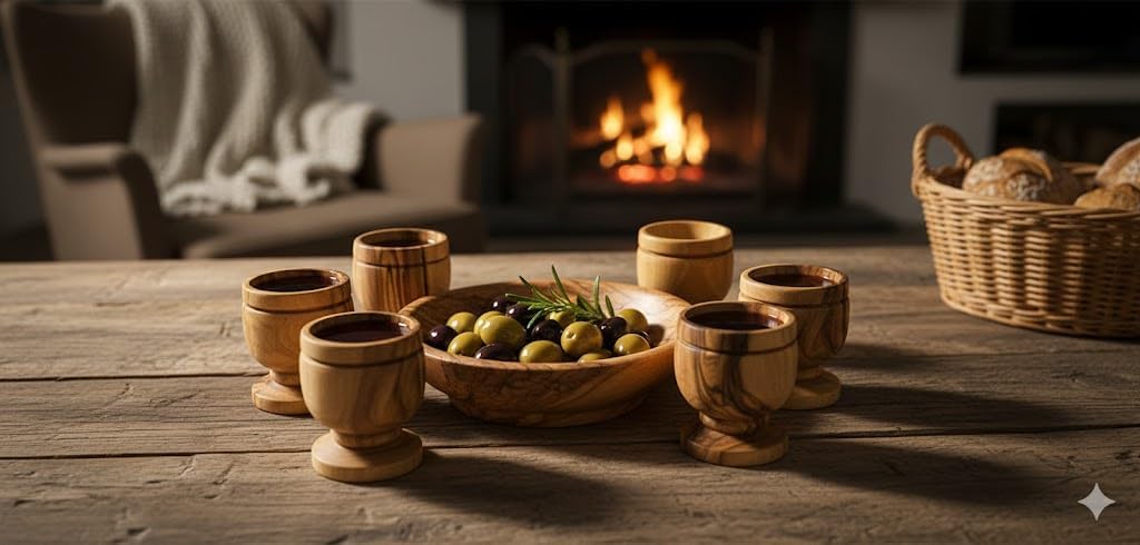 Zuluf Hand-Carved Olive Wood Mini Communion Cup & Bread Tray Set, 6-Piece Kiddush Goblets for Eucharist, Holy Communion & Church Worship, Authentic Bethlehem Holy Land Religious Gift