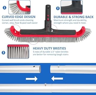 Swimming Pool Brush with Pole - 17.5" Wall Brush with 10FT Adjustable Aluminum Pole, Nylon Bristles, Curved Ends, EZ Clip Handle, Pool Brush for Cleaning Walls, Tiles & Floors