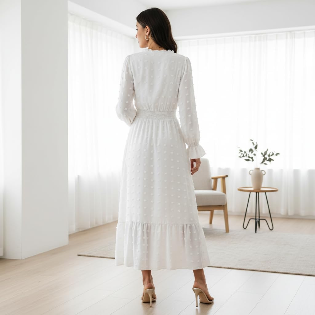 Women’s Tiered Maxi Dress Long Sleeve V-Neck Textured Ruffle Swing Dress Casual Formal Party Dress