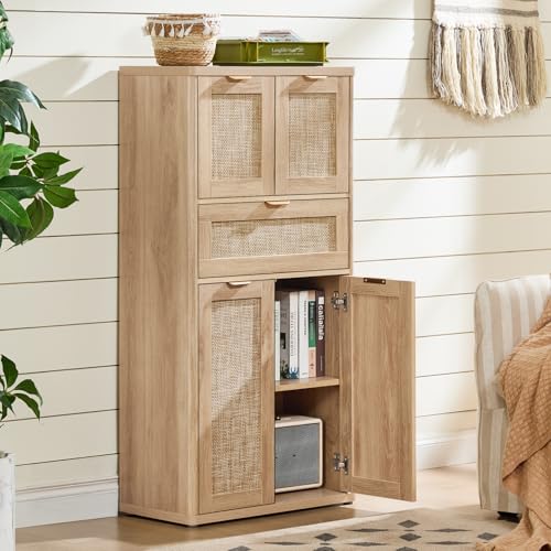 LEYAOYAO 48' Tall Storage Cabinet,Rattan Bathroom Floor Cabinets with 4 Doors & 1Drawer,Boho Kitchen Pantry with Adjustable Shelves,Wooden Cupboard for Living Room,Home Office,Dining,Natural Wood