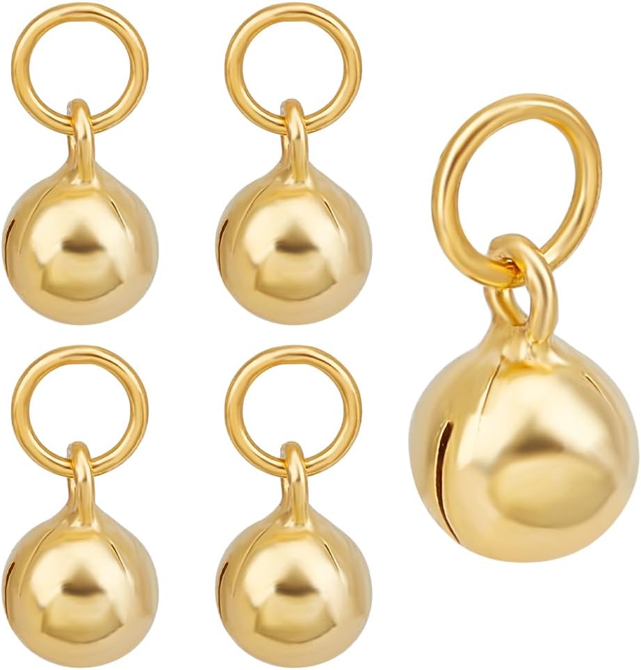 BENECREAT 5Pcs 925 Sterling Silver Jingle Bells, 5mm 18K Gold Plated Mini Dangle Charm with Jump Ring, Craft Bells for Christmas Party Home Decor, Jewellry Findings
