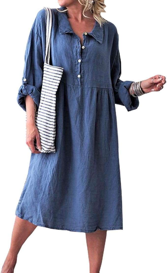 Juleya Damen Sommerkleider Sexy Boho Kleider Lose V Ausschnitt Langarm Midi Shirt Kleid Damen Beachwear Lassige Feste Tunika Kleider Amazon De Fashion