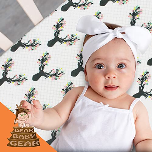 Image of Dear Baby Gear - Baby Crib Sheets - Toddler Bed Sheets - Breathable Fitted Bed Sheet - Nursery Bedding - Cribs Mattress Cover - Standard Crib Sheet - 52x28x10 (Girl Antler with Pink and Mint Flowers)