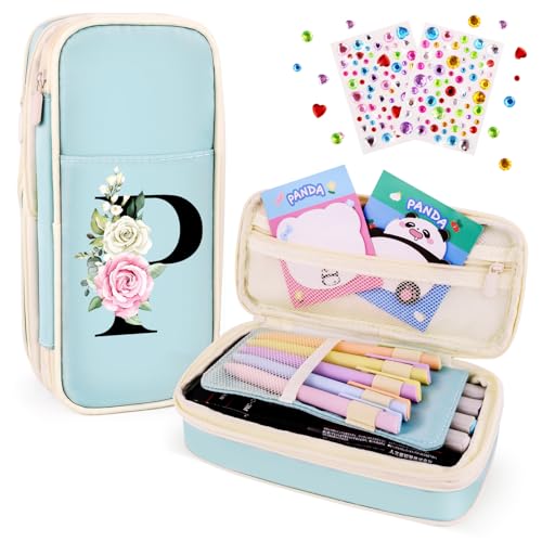 Image of Preppy Pencil Case for Girls, Cute Large Pencil Pouch, Personalized Initial Pencil Bag with Zipper for School College Office Supplies, Back to School Supplies Gifts for Teen Girls (P, Blue)