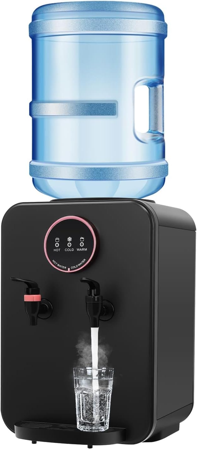 Top Loading Countertop Water Dispenser for 5 Gallon Bottle, Mini Water Cooler with Hot Cold and Room Temperature Water, Premium Tabletop Water Dispenser for Home, Office, Black