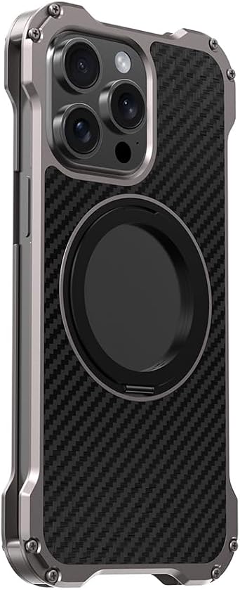 Magnetic Case for iPhone 15 Pro Max/15 Pro/15 Plus/15, Metal Shockproof Protection Cover with Stand and Wireless Charging Carbon Fiber Case,Black,15 Pro Max
