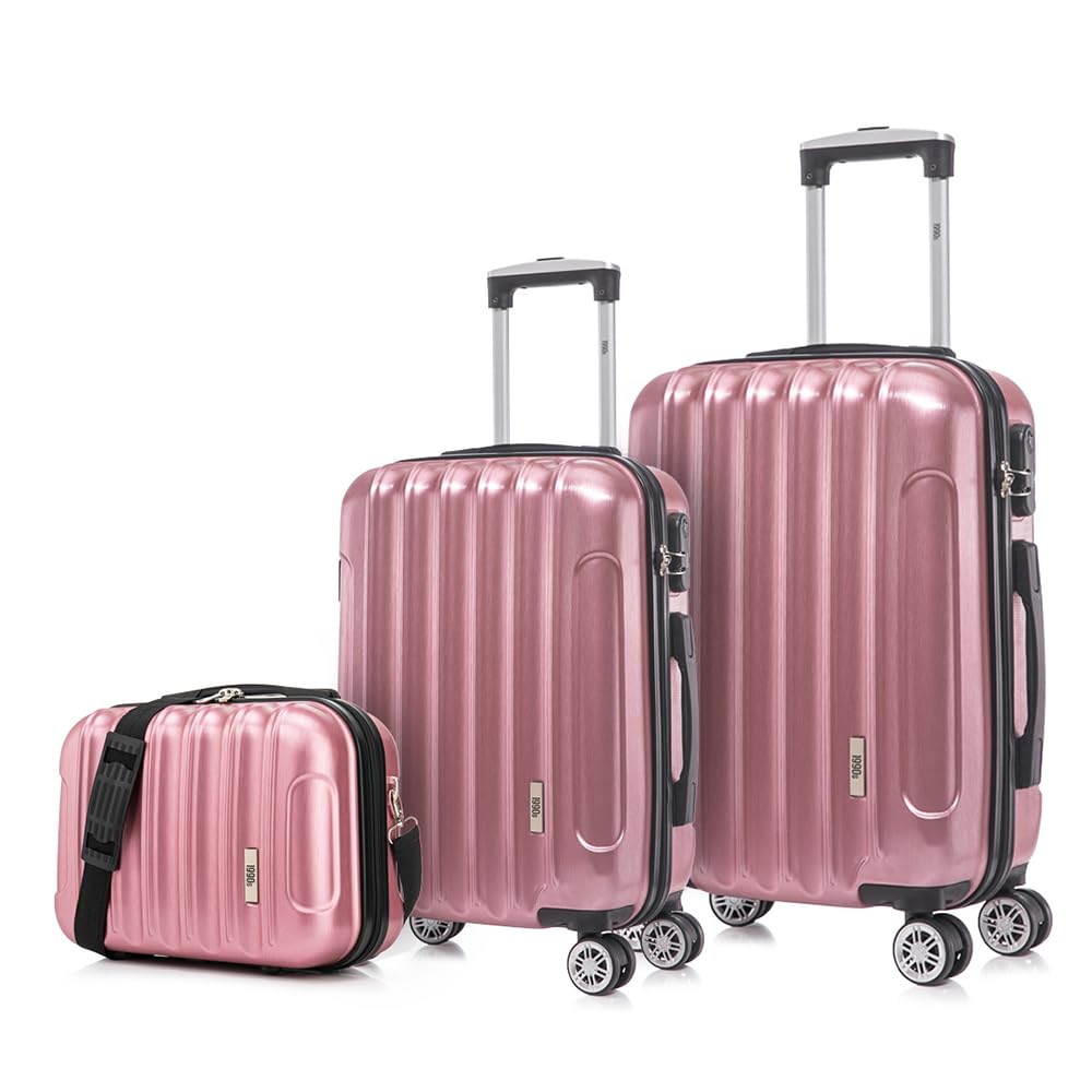 1990s Set de 3 valises de Voyage Cabine 55x39x21cm (45L), Moyenne 65cm, Trousse de Toilette, Valise Rigide Polycarbonate - Or rosé