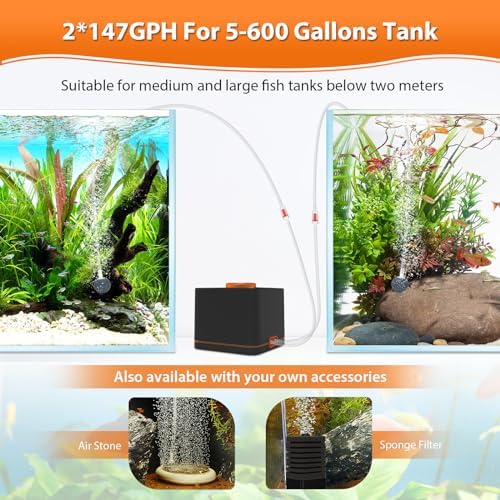 hygger Aquarium Air Pump,Ultra Silent Fish Tank Air Pump for Aquarium with 2 Air Outlets, 7W Adjustable Airflow Oxygen Pump with Air Tubings,Air Stones,Check Valves for Fish Tank up to 2200 Liter