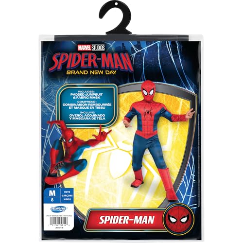 MARVEL Spider-Man Brand New Day Official Youth Halloween Costume - Premium Quality Padded Jumpsuit with Pull On Fabric Mask - M (8-10)