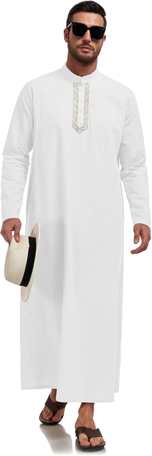 Jacansi Mens Button Down Robe Kaftan Thobe Casual Long Sleeve Cotton Linen Muslim Gown Thobes M-3XL - Image 5