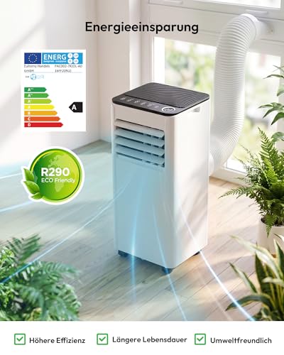 Klimaanlage Mobil - Klimagerät mit Abluftschlauch 7000 BTU | 4-in-1 Mobiles Klimagerät | Leiser Betrieb | Digitaldisplay + Fernbedienung | Fenster-Installationsset | 24h-Timer | Für Räume bis 20 m²