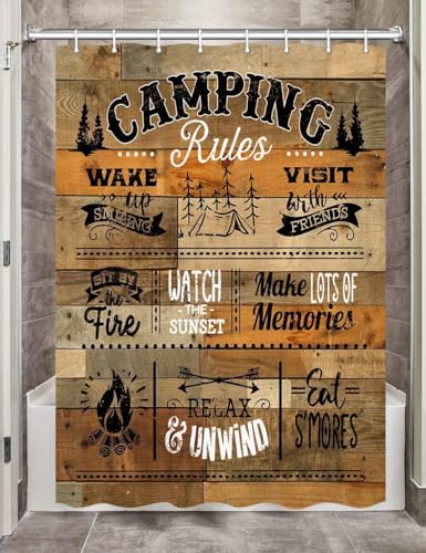 DYNH Rustic Farmhouse Camper RV Shower Curtain,Farmhouse Rustic Cabin Rules Shower Curtain for Trailer,Vintage Camping Outdoor Retro Rustic Wooden Shower Curtain Set with 8PCS Hooks,47X70IN