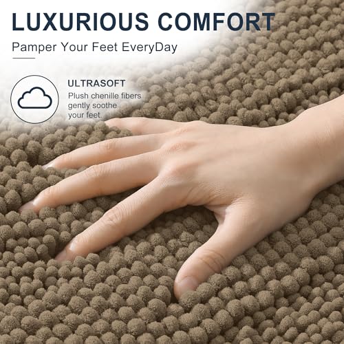 Image of Smiry Thick Small Chenille Bathroom Rugs 24x16, Extra Soft Absorbent Striped Bath Mat, Machine Washable, Rubber Backing, Bath Rugs for Bathroom, Tub & Shower, Modern Home Decor Accessories, Tan