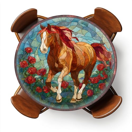 YEYE JUICE Round Fitted Tablecloth with Elastic Outdoor Tablecloth for 45" - 56" Tables Waterproof Round Table Cover for Indoor Dinner, Picnic, Camping (Horse Rose Stained Glass)
