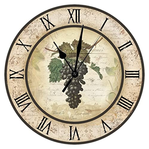 Grape Wine Wall Clock Vintage Farm Brown Barrel Large Wall Clock 15inch Silent Non-Ticking Battery Operated Wood Clock Decorative for Office Kitchen Living Room Bedroom Home