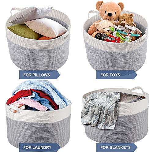 Zilink XXX-Large Cotton Rope Baskets for Storage 21.7\" x 21.7\" x 13.8\" Throw Blanket Basket for Living Room Decorative Large Woven Basket with Carry Handles, Grey White - Thumbnail 2